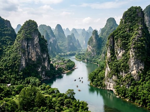 Misty River and Karst Peaks Landscape