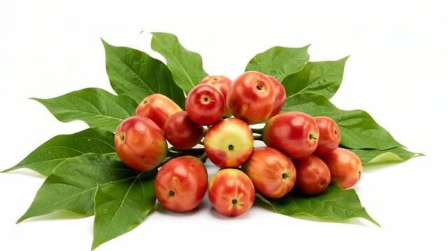 Bunch of ripe red pomegranates with green leaves.