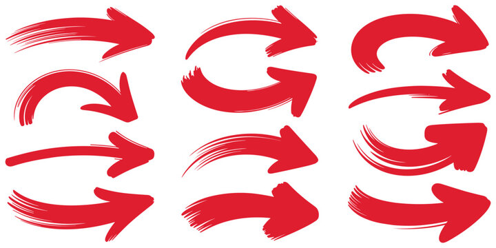 Set of red curved arrow brush strokes pointing right for marketing highlighting and presentation