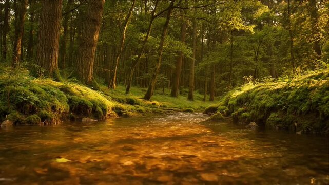 Cinematic rainforest stream macro background forest creek sunset light tranquil water flow over golden surface with mossy bank lush green moss tree nature serene woodland landscape reflection