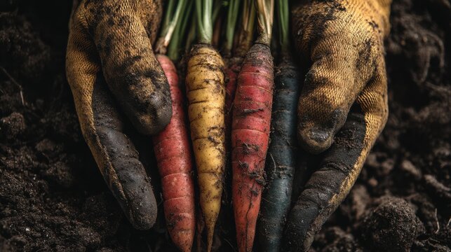 Homegrown carrots harvested by hand from fertile soil. Concept of kitchen gardening, local produce, self-sufficiency, healthy eating and sustainable lifestyle
