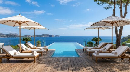 Fototapeta premium Luxury poolside lounge chairs by ocean view