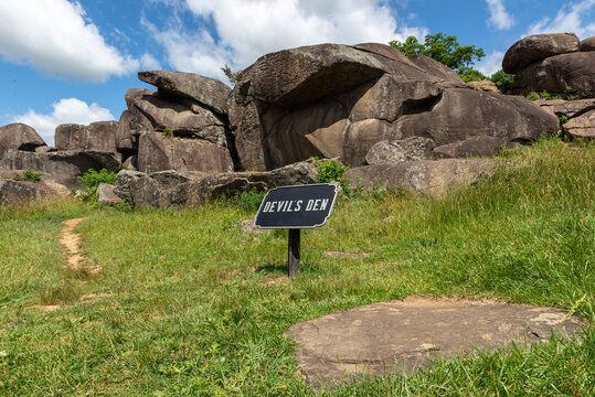Dramatic boulder formations at Devils Den near Sickles Avenue in Gettysburg National Military Park, Pennsylvania.