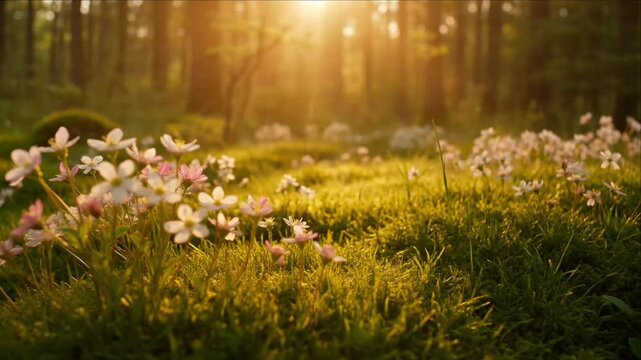Cinematic rainforest macro background sunlight forest floor moss wildflower meadow dreamy nature landscape summer morning light bokeh tranquil spring flora woodland carpet soft sunlight warm green