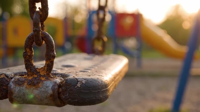 An Old, Rusty Swing in a Playful Sunset Scene, Highlighting the Beauty of Impermanence in Childhood Playgrounds and the Passage of Time