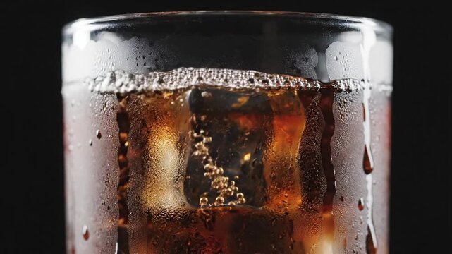 Close-up of a Fizzy Soda Glass Against a Dark Background