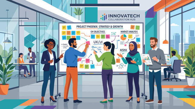 Diverse team collaborating on project strategy growth in modern office