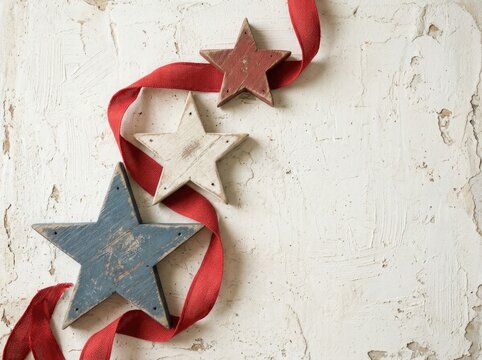 Rustic wooden stars with red ribbon on distressed background
