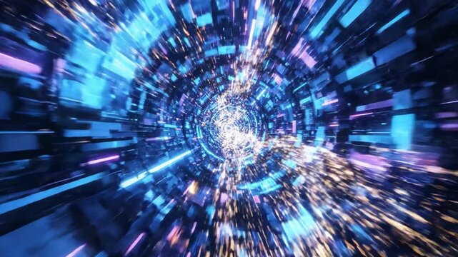 A stunning visual representation of a dynamic space-time vortex, showcasing vibrant blue and pink colors, lights, and motion as it conveys a sense of speed and energy in a digital universe.