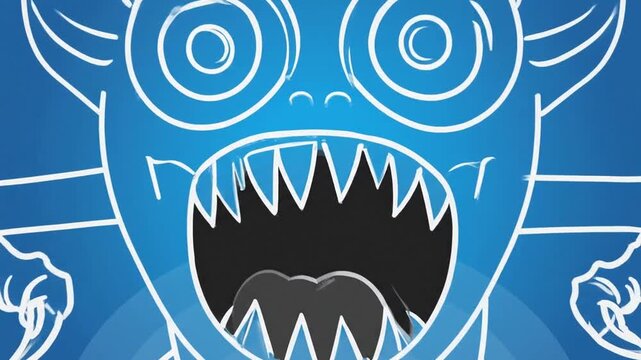 Abstract Blue Monster Face Roaring with Jagged Teeth and Swirling Patterns