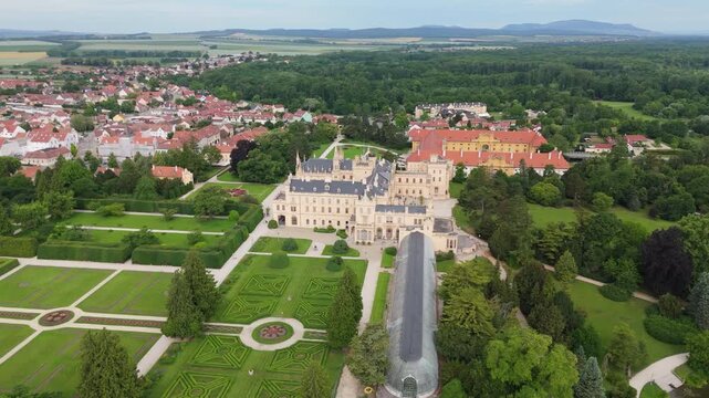 Lednice Castle, Garden and Greenhouse Aerial Wide Shot