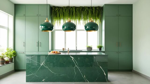 A contemporary kitchen featuring green cabinets and a marble countertop, adorned with hanging plants and potted herbs