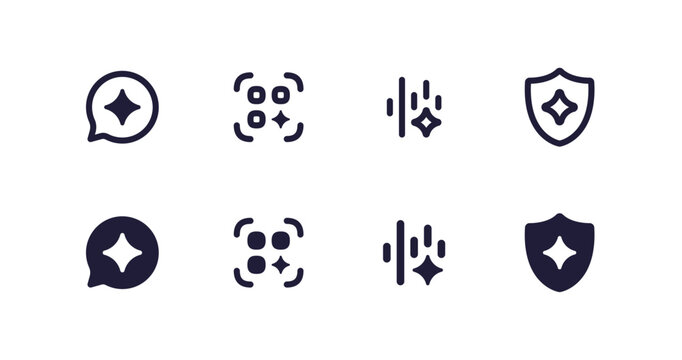 AI Interface Line and Solid Icon Set. Artificial Intelligence QR Code Scan, Audio Sound Wave and Cyber Security Shield tools, 48x48 Pixel Perfect Shapes in Two Styles for mobile app UI UX design