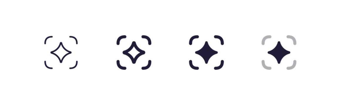 AI Interface Focus Sparkle Vector Icon in 4 States. Artificial Intelligence Target Generation, Thin and Regular Line, Filled Solid and Duo Color Shapes, 48x48 Pixel Perfect UI UX app design elements