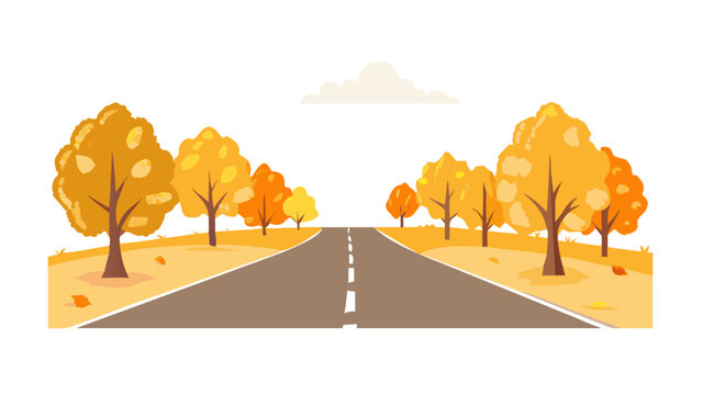 Autumn road with trees and yellow leaves