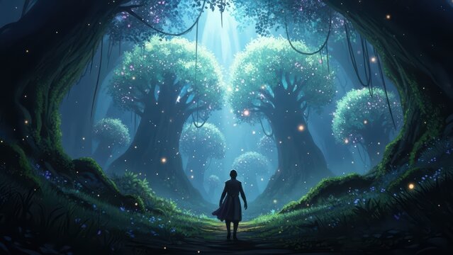 Traveler exploring deep magical forest illuminated by glowing light particles.