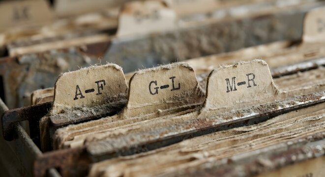 Macro Shot of Dusty and Rusted Vintage Alphabetical Index Dividers inside an Old File Drawer