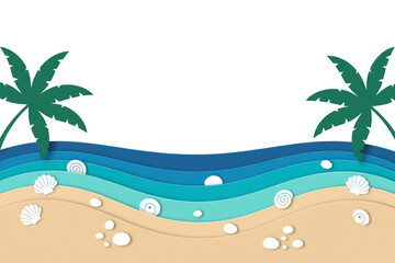 Fototapeta premium Tropical Beach Paper Cut Background with Palm Trees, Ocean Waves and Seashells