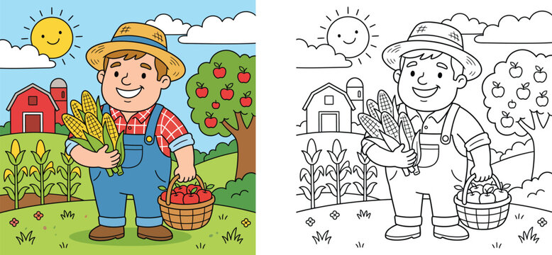 Cartoon farmer with corn and apple basket coloring page for kids, set of colored illustration and black and white outline, farm harvest concept, agriculture activity book vector