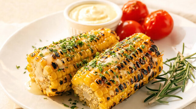 Grilled corn on the cob with herb butter, cherry tomatoes and fresh rosemary