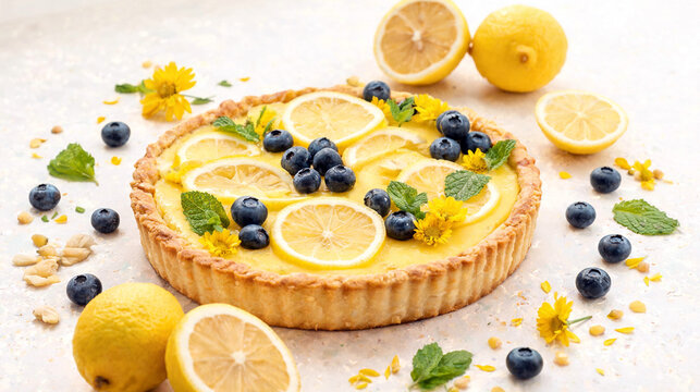 A fresh lemon tart topped with blueberries, mint leaves and edible yellow flowers