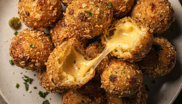 A plate of crispy breaded cheese balls with a warm melted center and herb garnish