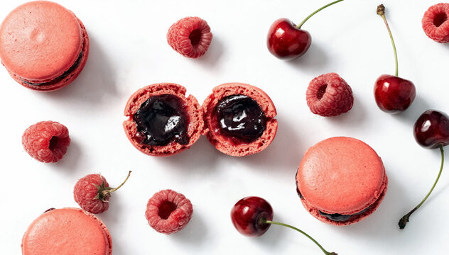 A Sweet French Pastry Arrangement with Fruit Macarons and Fresh Red Berries