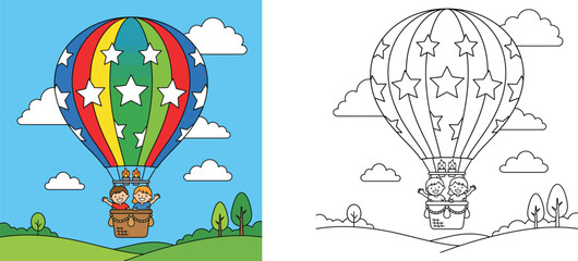 Obraz premium Kids riding a hot air balloon cartoon vector illustration with coloring page template, flying in the sky over hills, educational activity sheet for children.