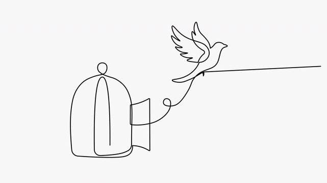 Continuous line drawing of bird flying from cage.