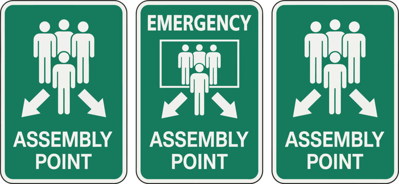 Assembly point safety sign, emergency evacuation meeting location symbol with clear directional guidance for workplace safety and disaster exit instructions.