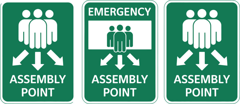 Assembly point icon, emergency evacuation gathering spot marker showing safety meeting location symbol for fire drill and workplace emergency instruction signage.