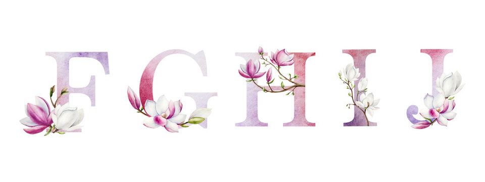 Letters F, G, H, I, J with magnolia branches, pink and white tree flowers. Watercolor hand drawn spring alphabet illustration isolated on background, transparent png. Wedding monogram or feminine