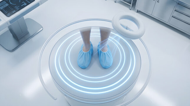 Patient feet standing on glowing diagnostic podiatry platform