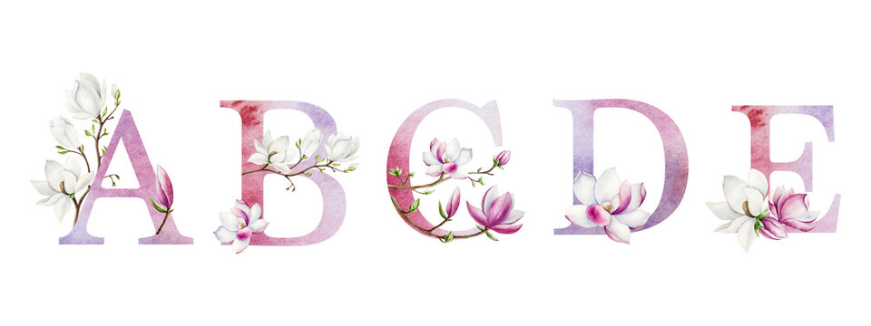 Letters A, B, C, D, E with magnolia branches, pink and white tree flowers. Watercolor hand drawn spring alphabet illustration isolated on background, transparent png. Wedding monogram or feminine