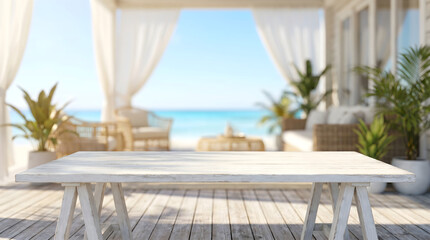 Fototapeta premium Empty white wooden table on beach terrace with blurry ocean background for product display in coastal resort