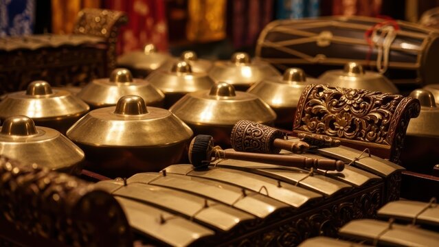Ornate traditional bronze Gamelan percussion instruments in dark cultural setting.
