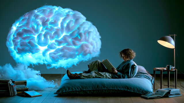 薄暗い部屋で本を読む人の頭上に浮かぶ光る脳の形をした巨大な雲