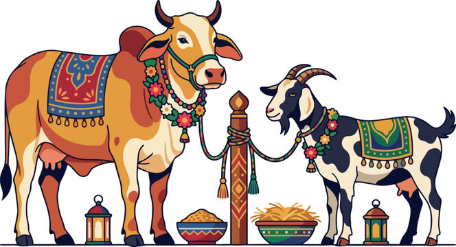 Traditional indian cow and goat decorated for festival celebration