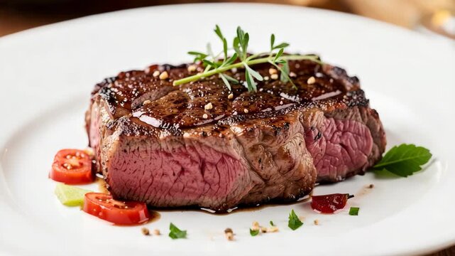 A succulent medium rare steak resting on a white plate, garnished with fresh herbs and vibrant red toppings. The enticing aroma of the grill complements the juicy meat.
