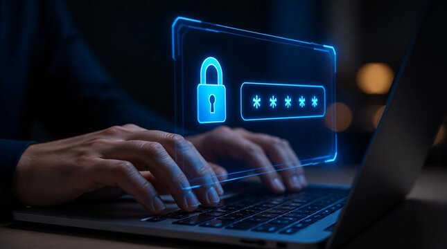Close up of person typing on laptop with futuristic blue holographic interface featuring security lock icon and disguised password field.