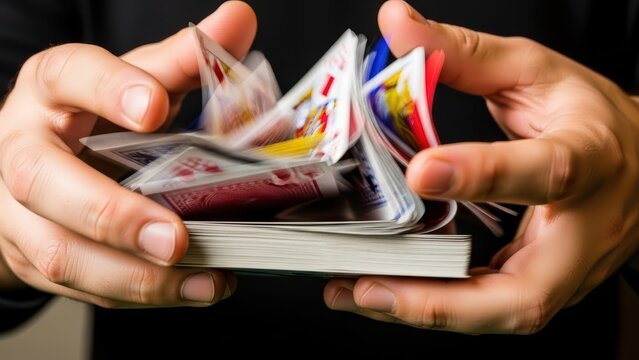 Magician hands mixing deck of playing cards with fast motion.