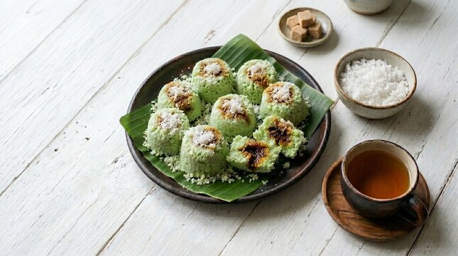 An appetizing high-angle shot of sweet Indonesian kue putu ayu steamed green rice cakes on a banana leaf platter, served with a cup of hot tea and grated coconut on a white wooden table.