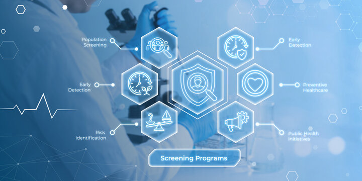 Modern digital illustration showing healthcare screening programs with icons for population screening early detection and preventive initiatives