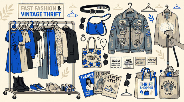 Fast fashion and vintage thrift clothing collection flat vector illustration set