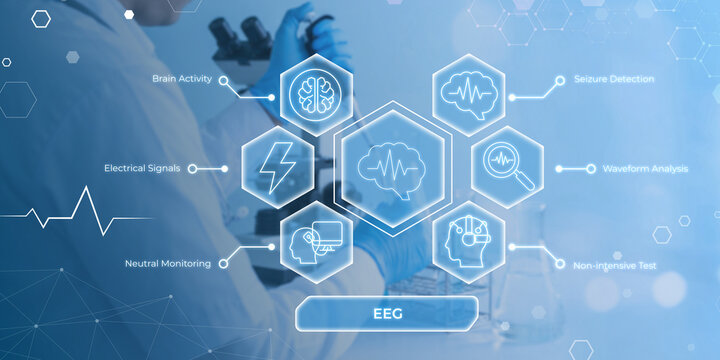 Modern EEG brain activity monitoring system illustrating neural signals seizure detection and waveform analysis technology