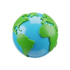 Obraz premium Stylized 3D earth globe icon, glossy green and blue planet earth sphere, environmental conservation and global travel isolated on White Background Icon