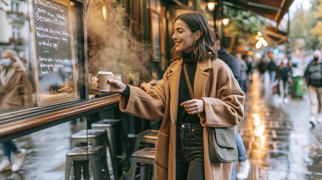 Woman smiling, taking a hot coffee to go from a city street cafe on a cool, autumnal day, enjoying urban lifestyle