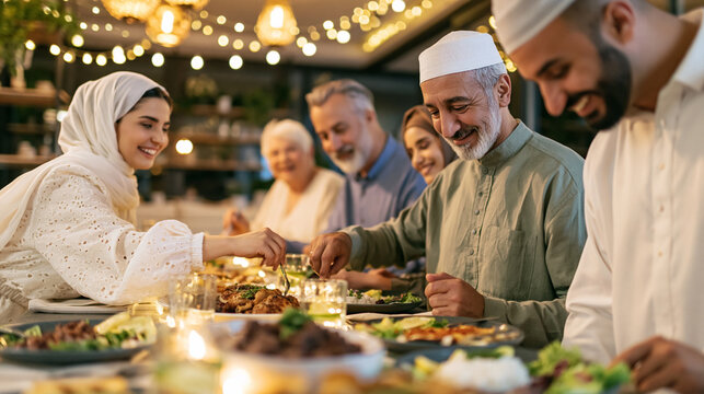 Multi generational muslim family members sharing a traditional meal, celebrating iftar together during the holy month of ramadan