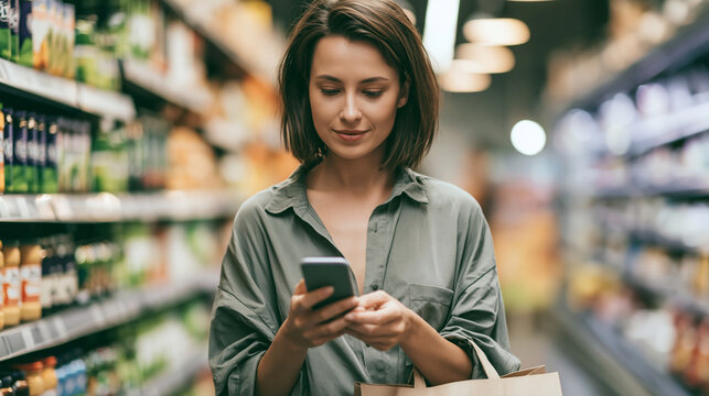 Young woman standing in a supermarket aisle, checking a shopping list or comparing prices on a mobile phone during grocery shopping