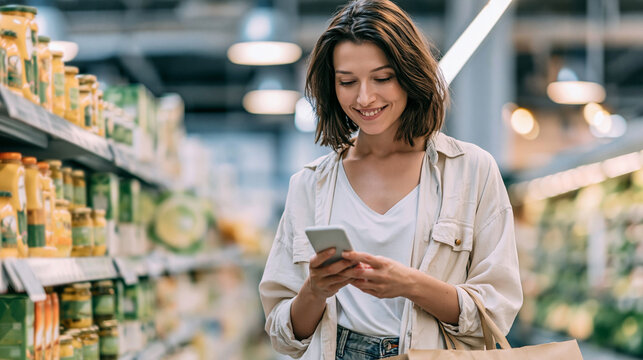 Woman smiling and holding shopping bag while using mobile app on smartphone for grocery shopping in a modern supermarket